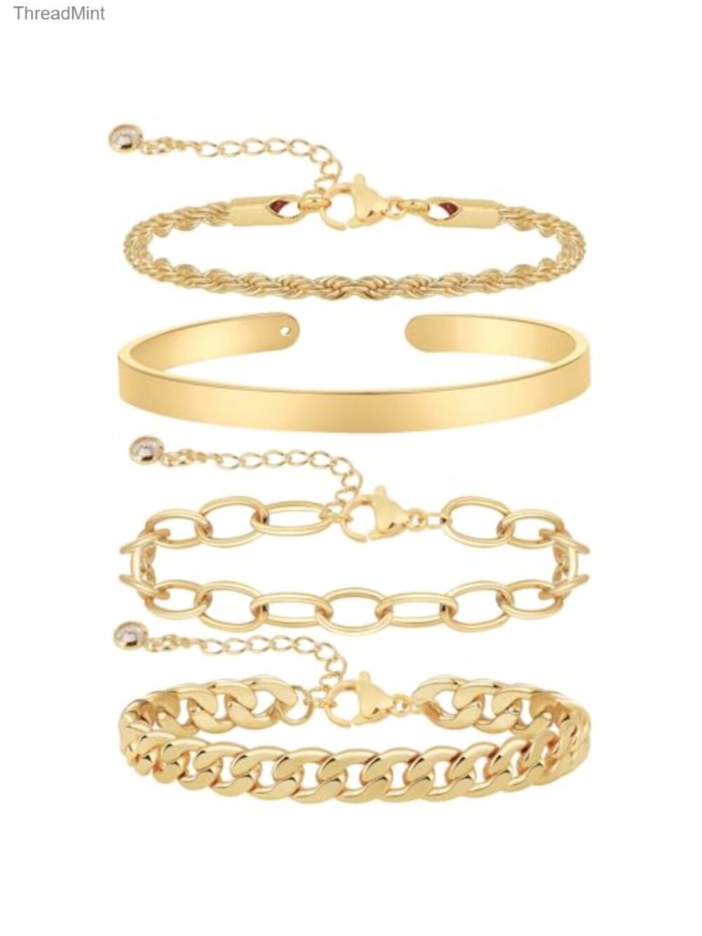 14K Gold Plated Bracelet Set, Cuff & Chain Adjustable, Layered Jewelry Gift